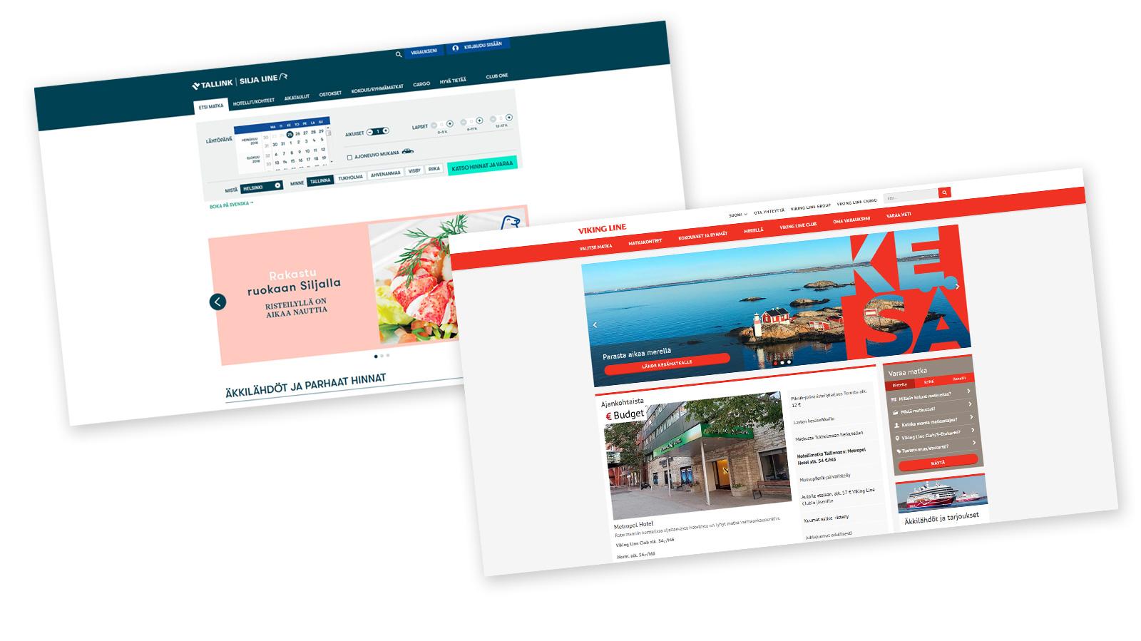 Kuvankaappaus Tallink/Silja Linen verkkosivujen ja Viking Linen verkkosivujen etusivulta