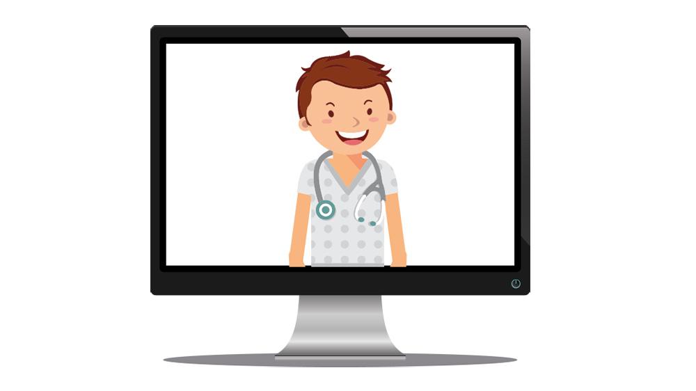 Piirroskuva tietokonenäytöstä, josta katsoo ulos hymyilevä lääkäri.