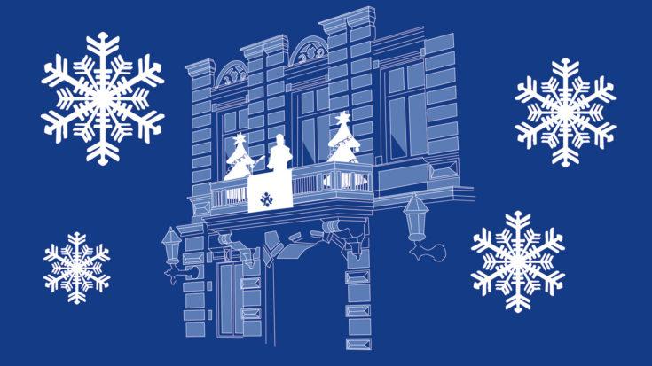 Sinisellä pohjalla ja valkoisilla viivoilla toteutettu piirroskuva Brinkkalan talon joulurauhaparvekkeesta, jolla on valkoisena siluettina puhuja mikrofonin ääressä, kaksi joulukuusta ja parvekkeen kaiteella koristelakangas. Parvekkeen ympärillä on isoja limuhiutaleita.