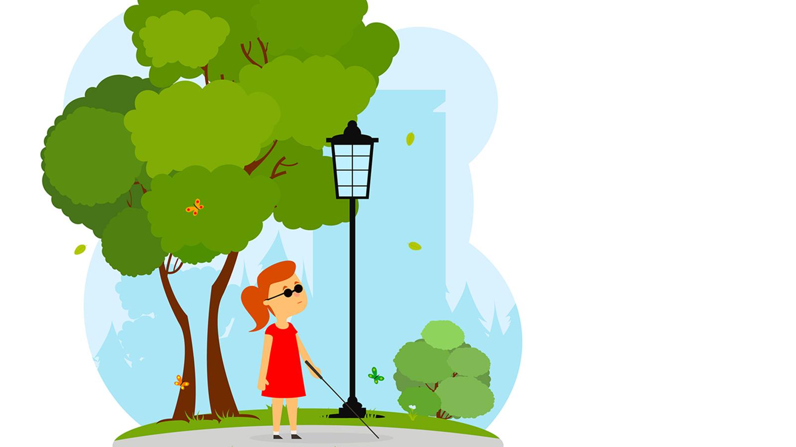 Piirros, jossa näkövammainen tyttö kävelee puistossa kepin kanssa.