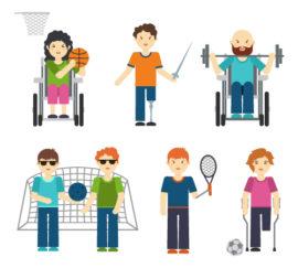 Piirroskuvassa eri tavalla vammaisia ihmisiä urheilemassa, mm. sokeat maalipalloilijat, pyörätuolikoripallon pelaaja, miekkailija, jolla on jalkaproteesi.