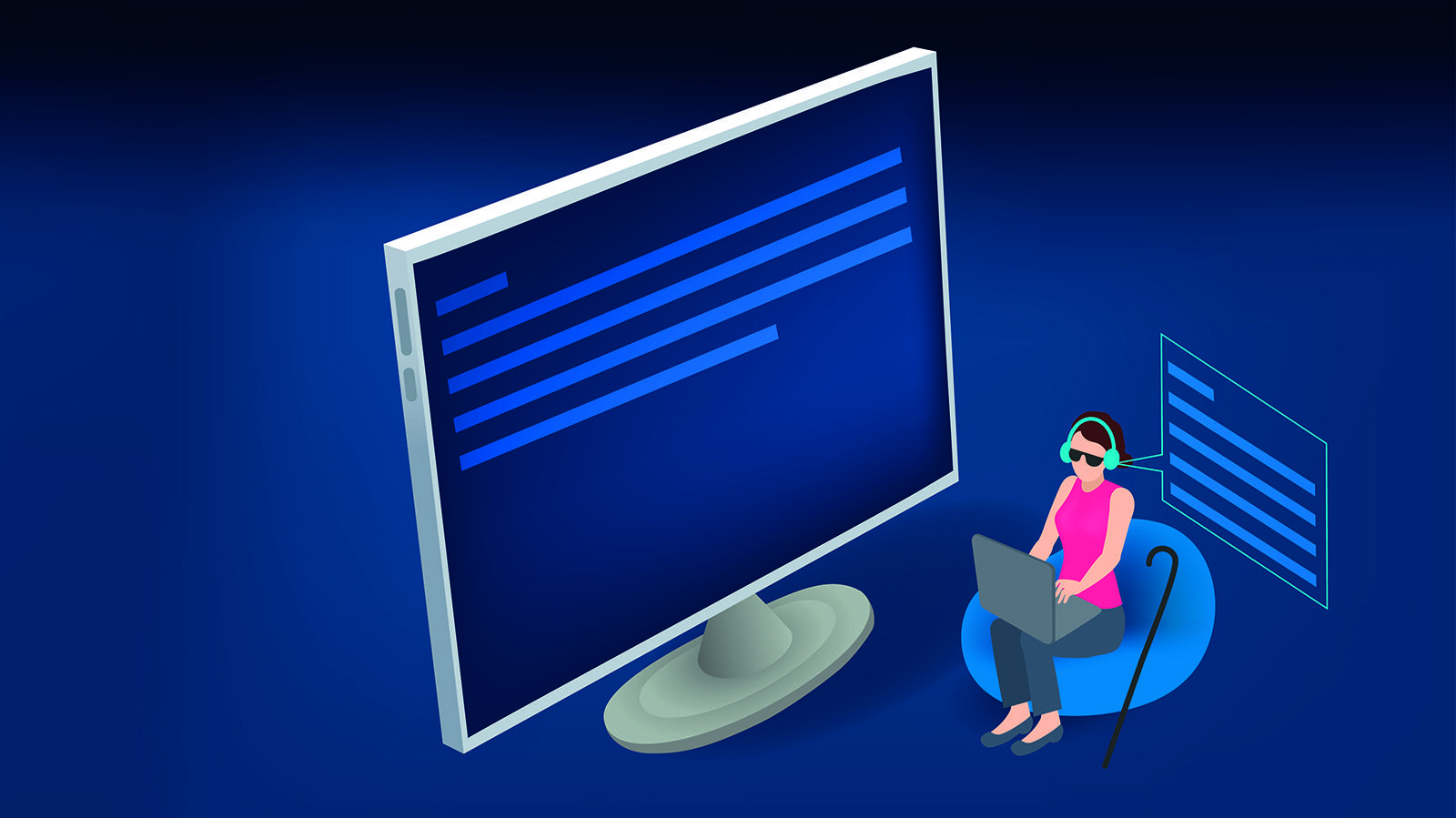 Piirroskuva, jossa nainen istuu tietokone sylissään ja kuulokkeet päässään.