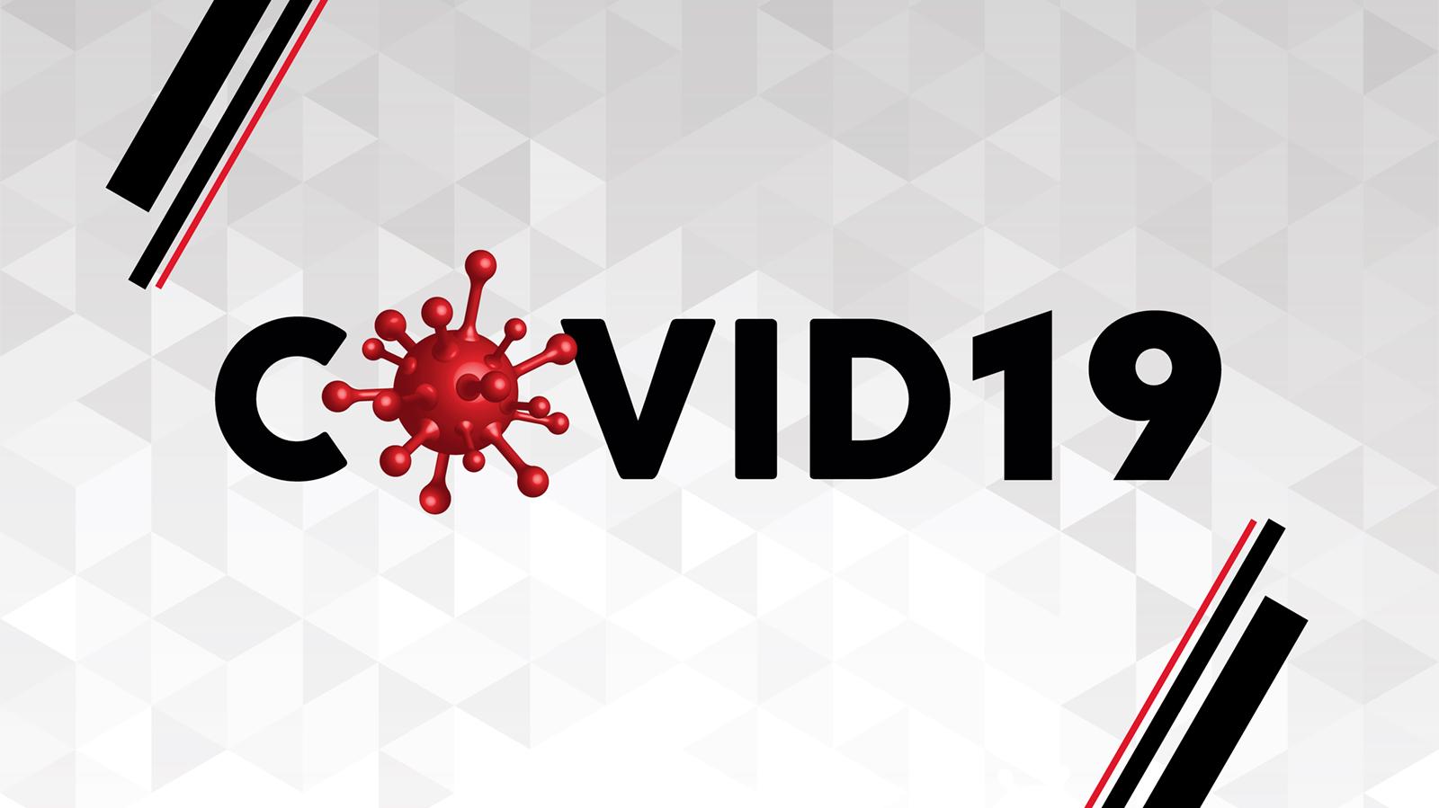Kuvituskuvassa lukee COVID19. O-kirjain on koronaviruksen mallinen punainen pyöreä pallo, jossa on tappimaisia ulokkeita.
