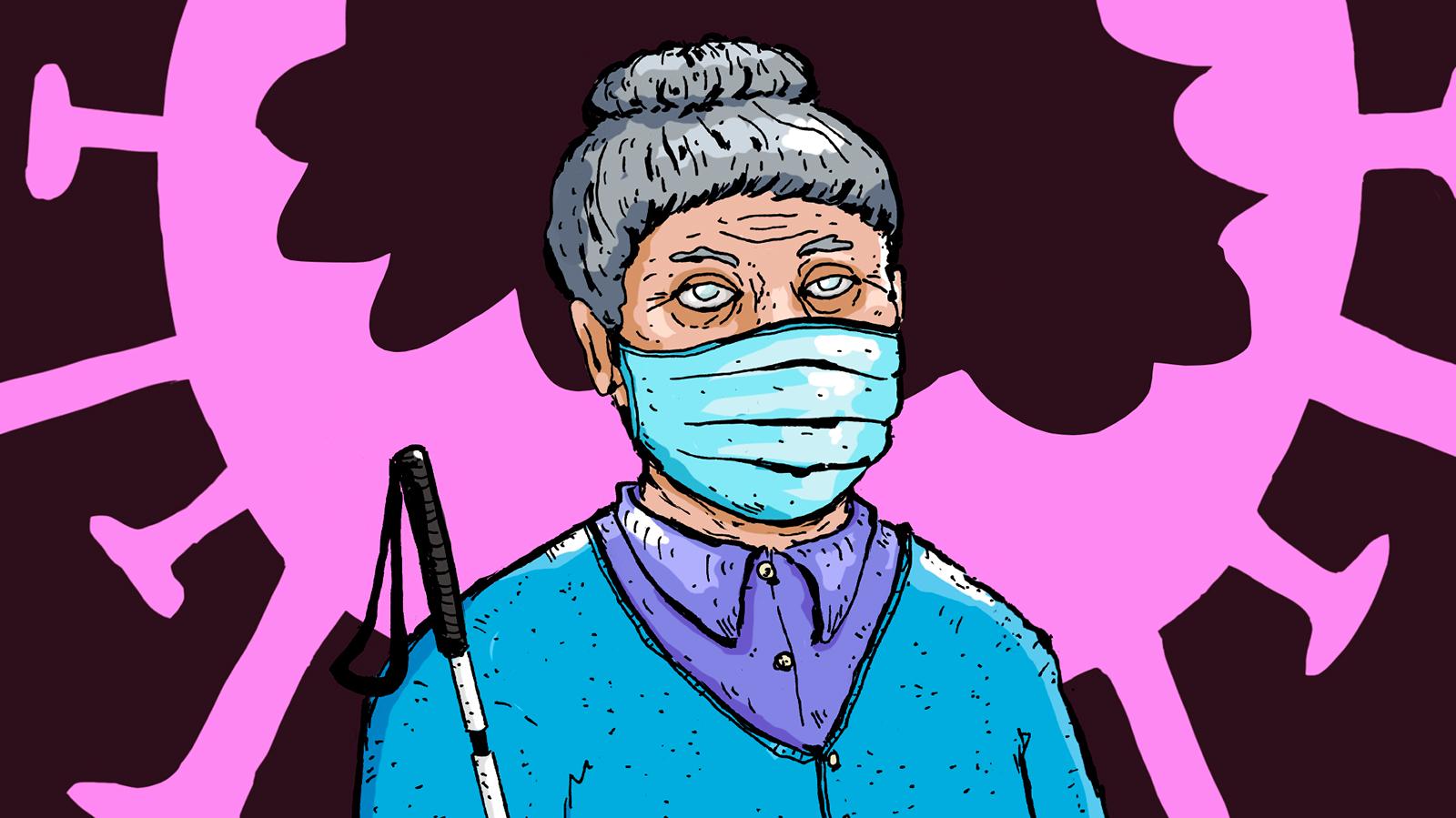 Vanha nainen suojamaski kasvoillaan ja valkoinen keppi kädessään. Taustalla iso koronavirus suu ammollaan.