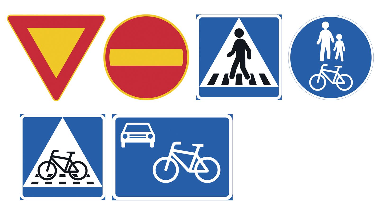 Liikennemerkit: kärkikolmio, kielletty ajosuunta, suojatie, yhdistetty jalankulkuväylä ja pyörätie, pyöräsuojatie, pyöräkatu.