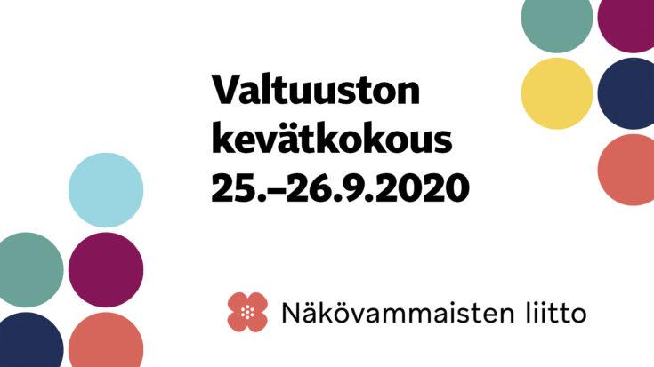 Teksti "Valtuuston kevätkokous 25.-26.9.2020". Liiton logo ja kuvan kulmissa värikkäitä palloelementtejä.