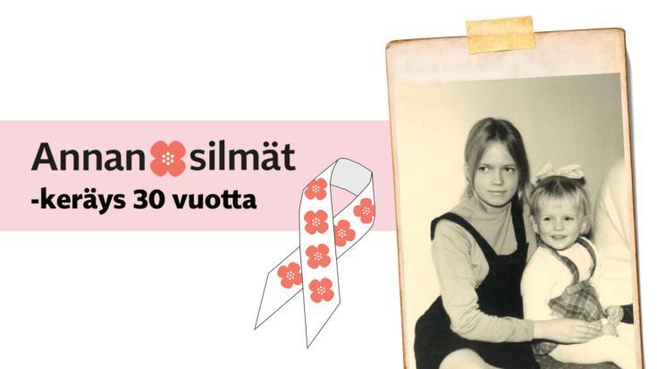 Mustavalkoinen valokuva, jossa kaksi tyttöä sylikkäin. Vieressä teksti Annansilmät-keräys 30 vuotta ja valkoinen nauha, jossa on punaisia annansilmäkukkia.