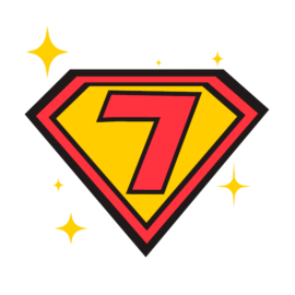 Keltapunainen Supermies-tyylinen logo, jossa numero 7. jonka ympärillä on tähtiä.