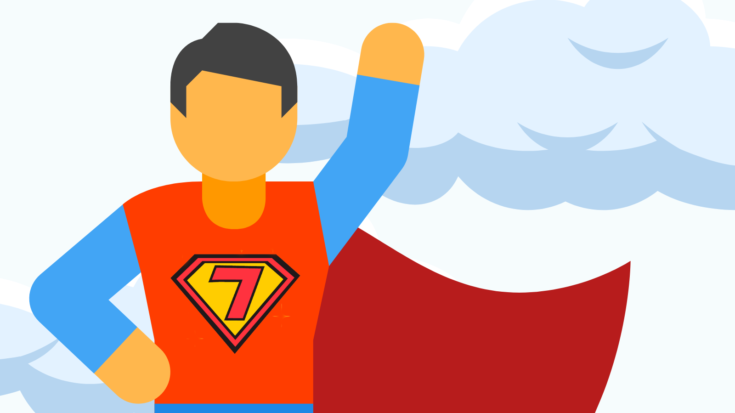 Supermiehen piirroshahmo. Käsi pystyssä. Rinnassa Supermies-tyylinen keltapunainen logo, jossa numero 7. Taustalla pilviä.