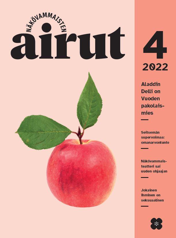 Airut 4/2022:n kansi. Kuvassa punainen omena, jossa kaksi vihreää lehteä. Kannen tausta vaalean oranssinpunainen.