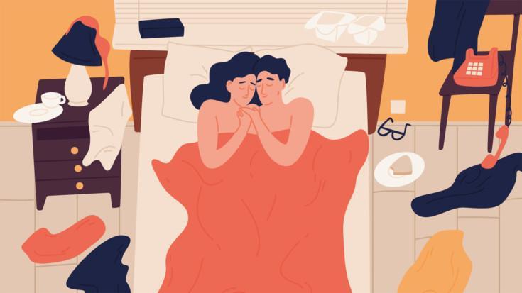 Piirroskuvassa pariskunta makaa sängyssä peiton alla vierekkäin, käsi kädessä. Lattialla hujan hajan vaatteita.
