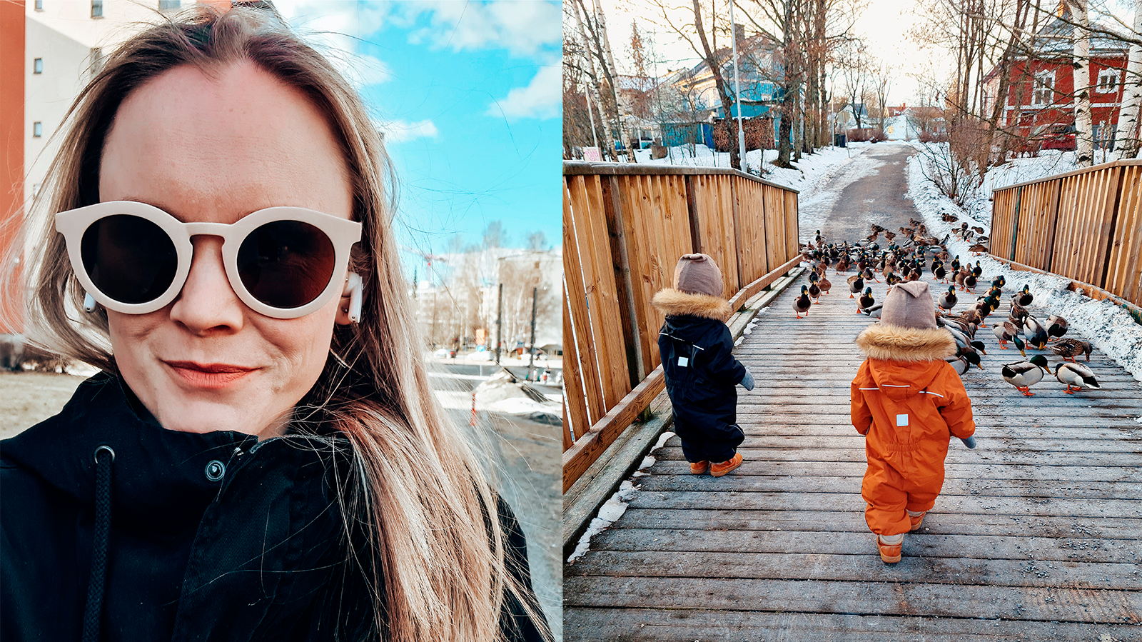 Vasemmalla vaaleahiuksinen nainen aurinkolasit silmillään. Oikealla kaksi lasta selin katsomassa sorsia sillalla.