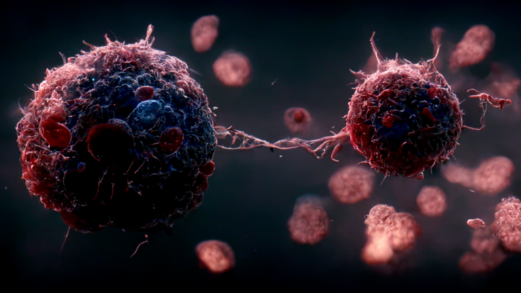 Kaksi punertavaa pallon muotoista syöpäsolua.
